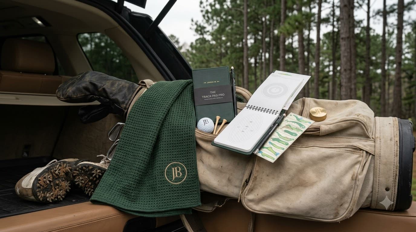 assorted personalized golf gifts including marker, towel, and headcover