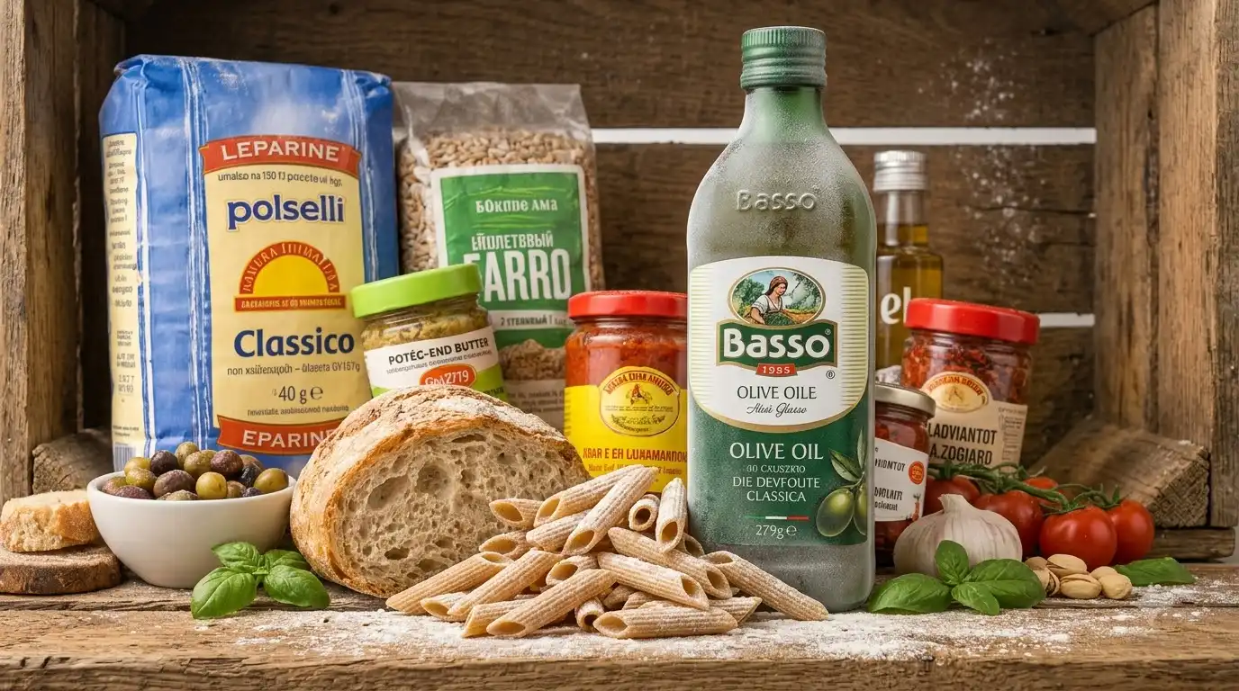 Close-up of imported Italian pasta and olive oil products from Wholesale Italian Food ready for a wholesale order