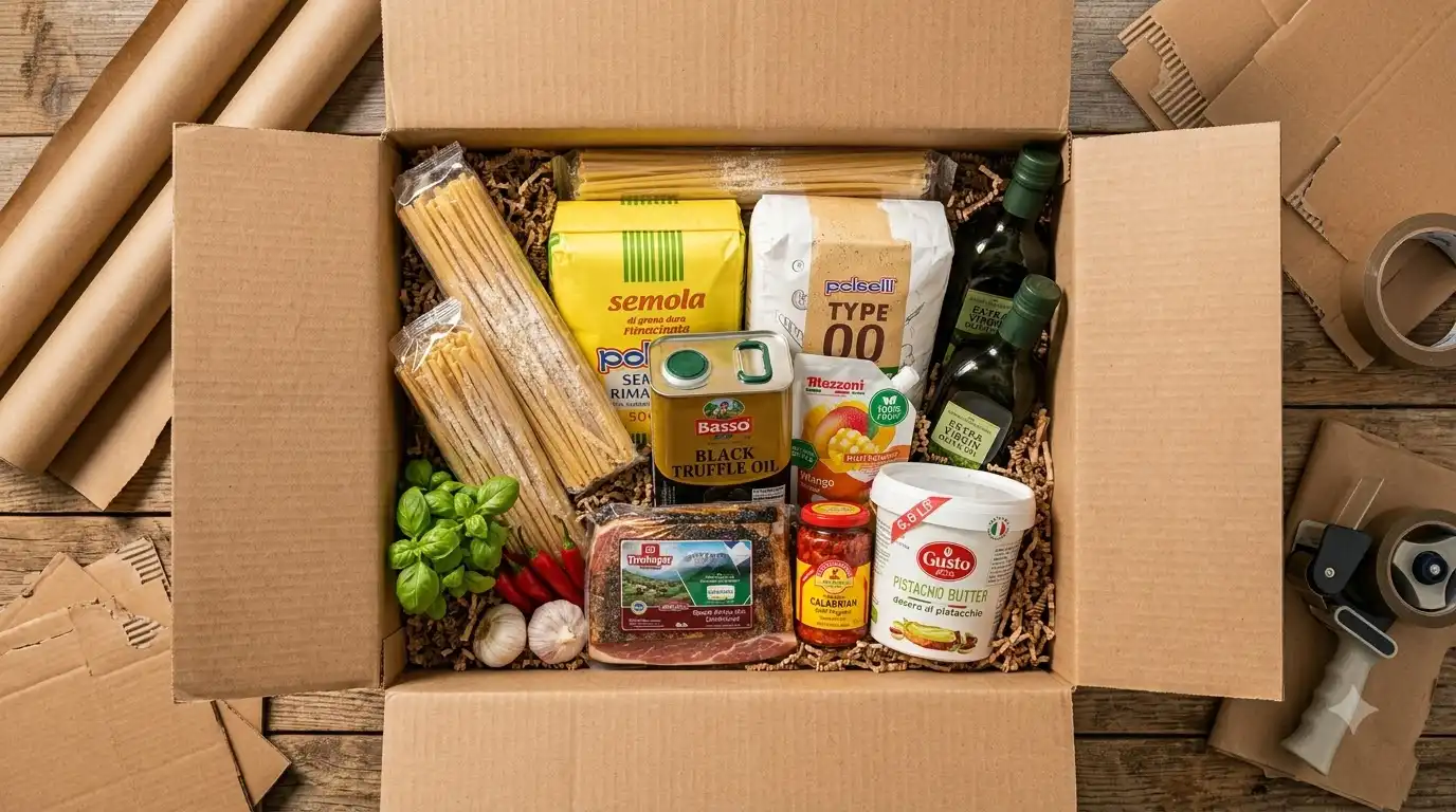 Assorted imported Italian pasta, olive oil, and pistachio spread jars packed for a wholesale order.