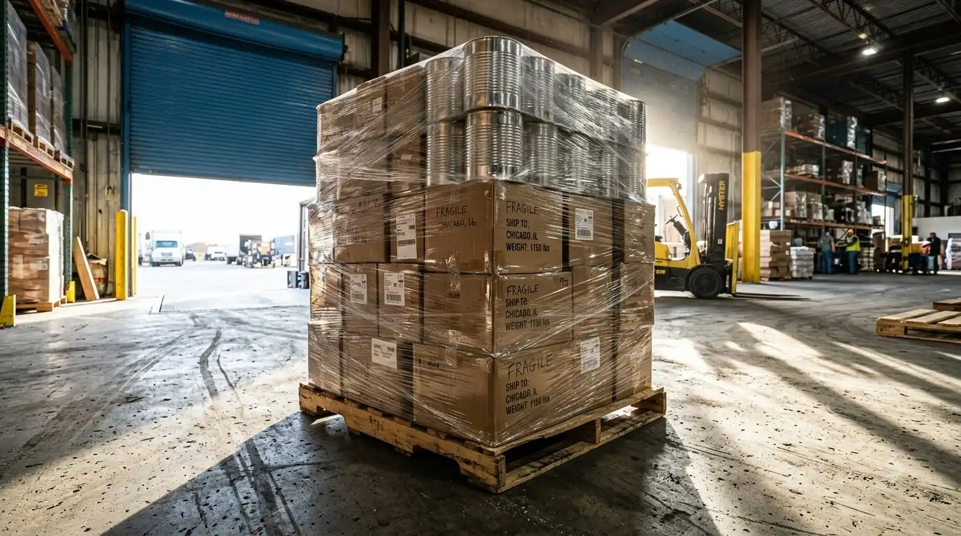 pallet of imported Italian pantry staples ready for freight shipment