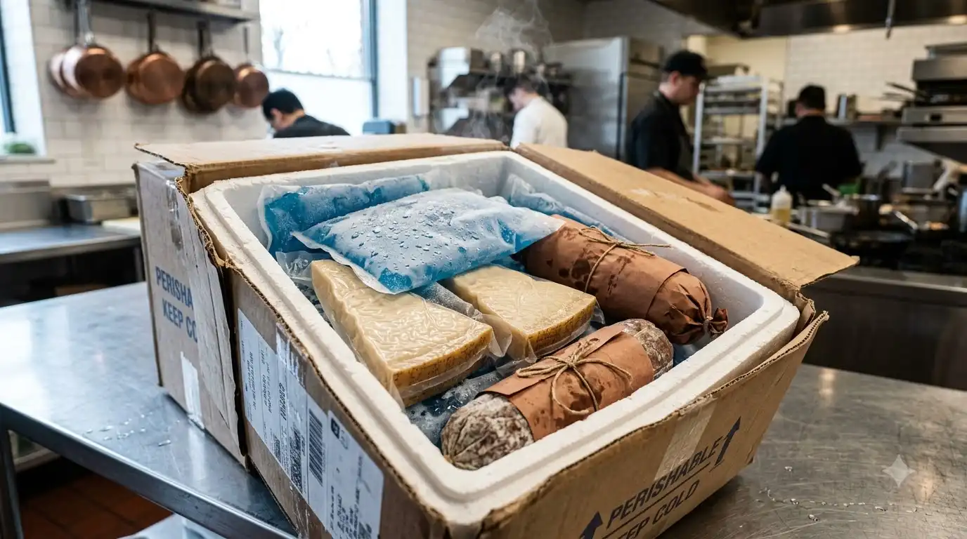 insulated shipping box with ice packs holding Italian cheese and salami