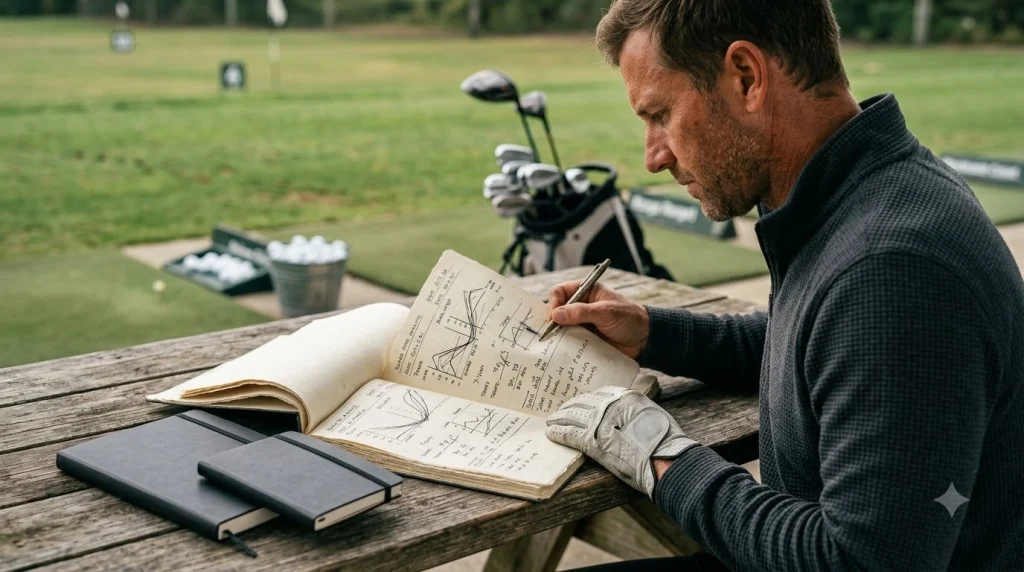 Golfer reviewing a Journal18 practice log before a range session