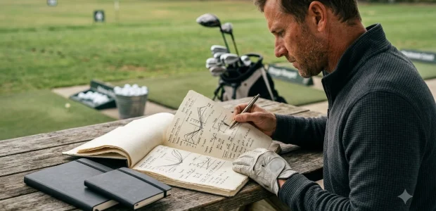 Golfer reviewing a Journal18 practice log before a range session