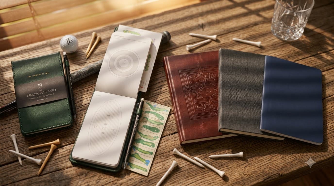 Journal18's Performance Journal, Track Pad Lite, and Track Pad Pro golf journals lined up together for comparison