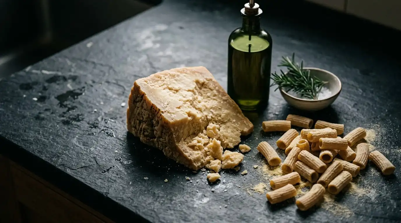 Close-up of imported Italian olive oil, cheese, and pasta arranged on a kitchen counter
