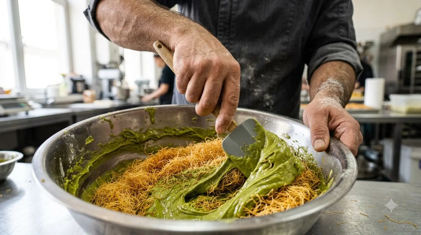 Toasted golden kataifi strands being folded into pistachio cream in bowl"