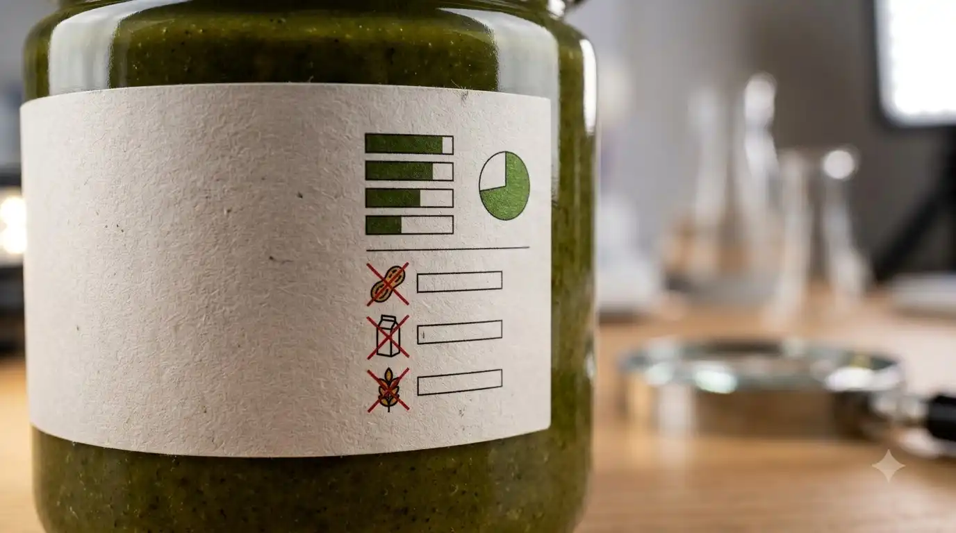 Close-up of ingredient label showing pistachio percentage and allergen list