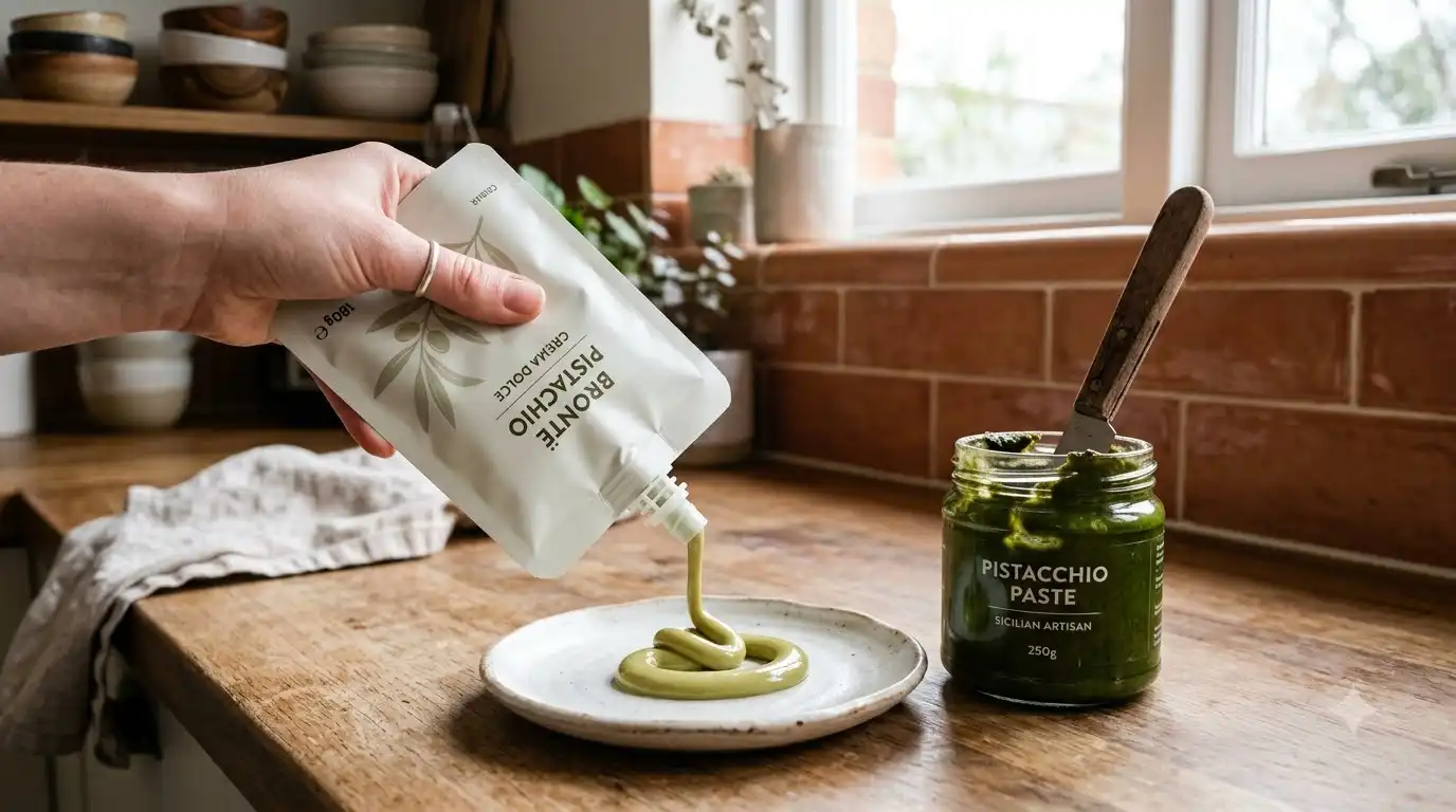 squeeze pouch of sweet pistachio cream next to paste jar