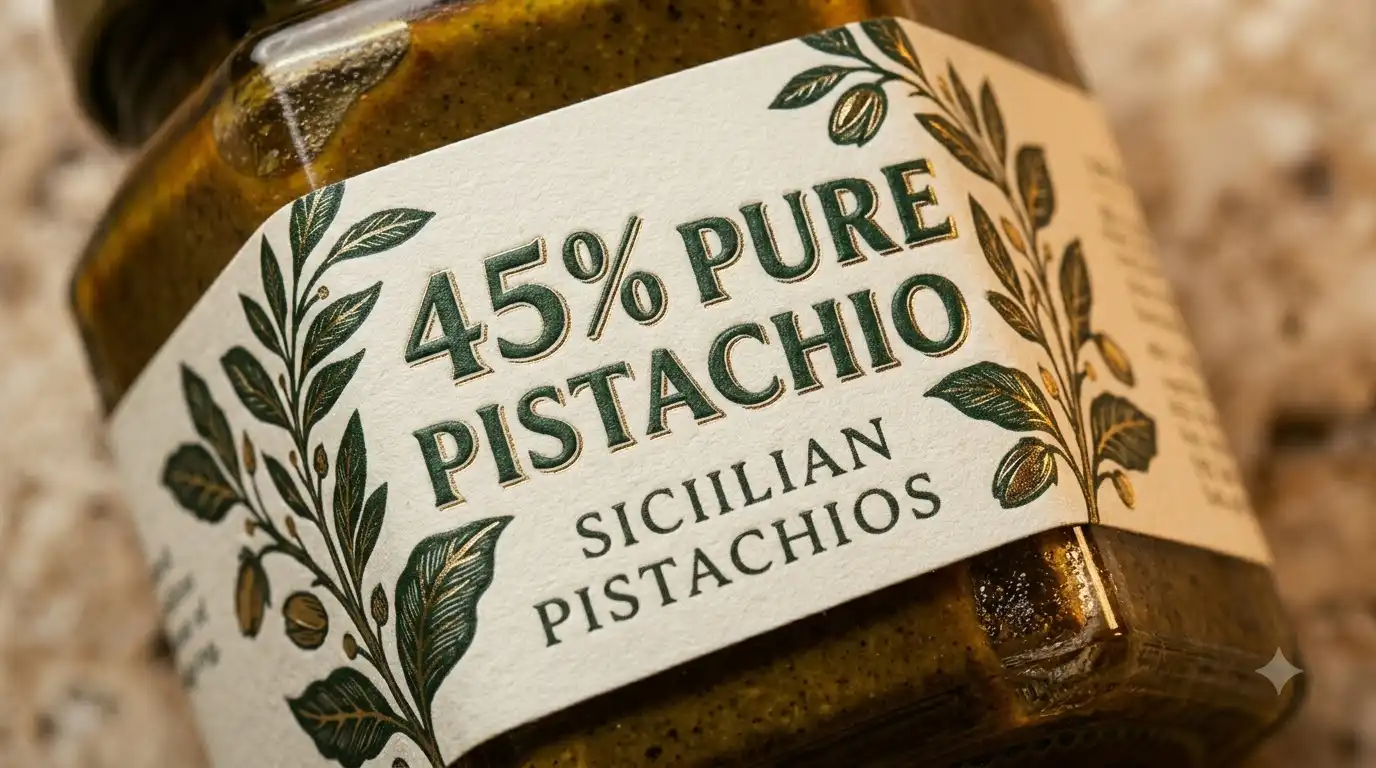 close-up of pistachio cream label showing 45 percent pistachio content