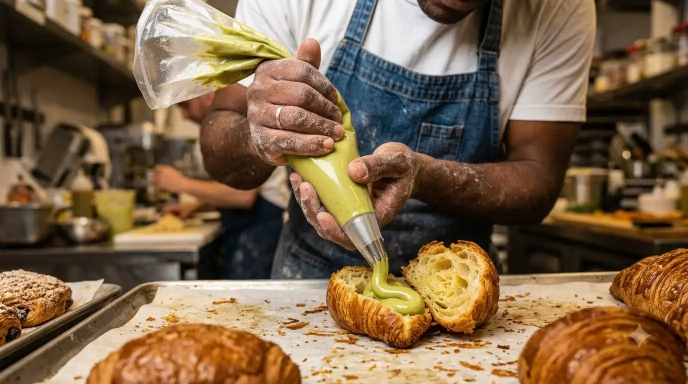 pastry chef piping green pistachio cream into split croissants