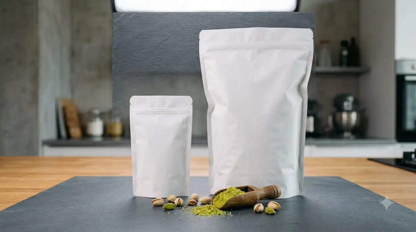 two pistachio flour bags in 250 gram and 1 kilogram sizes