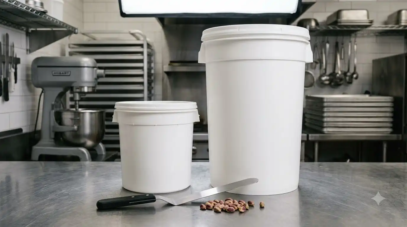 one kilo and three kilo pistachio cream tubs on bakery counter