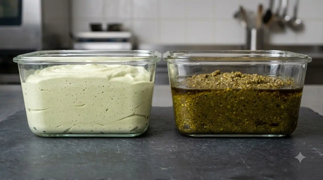 Wholesale tub of sweet pistachio cream displayed beside a container of pure 100% pistachio paste