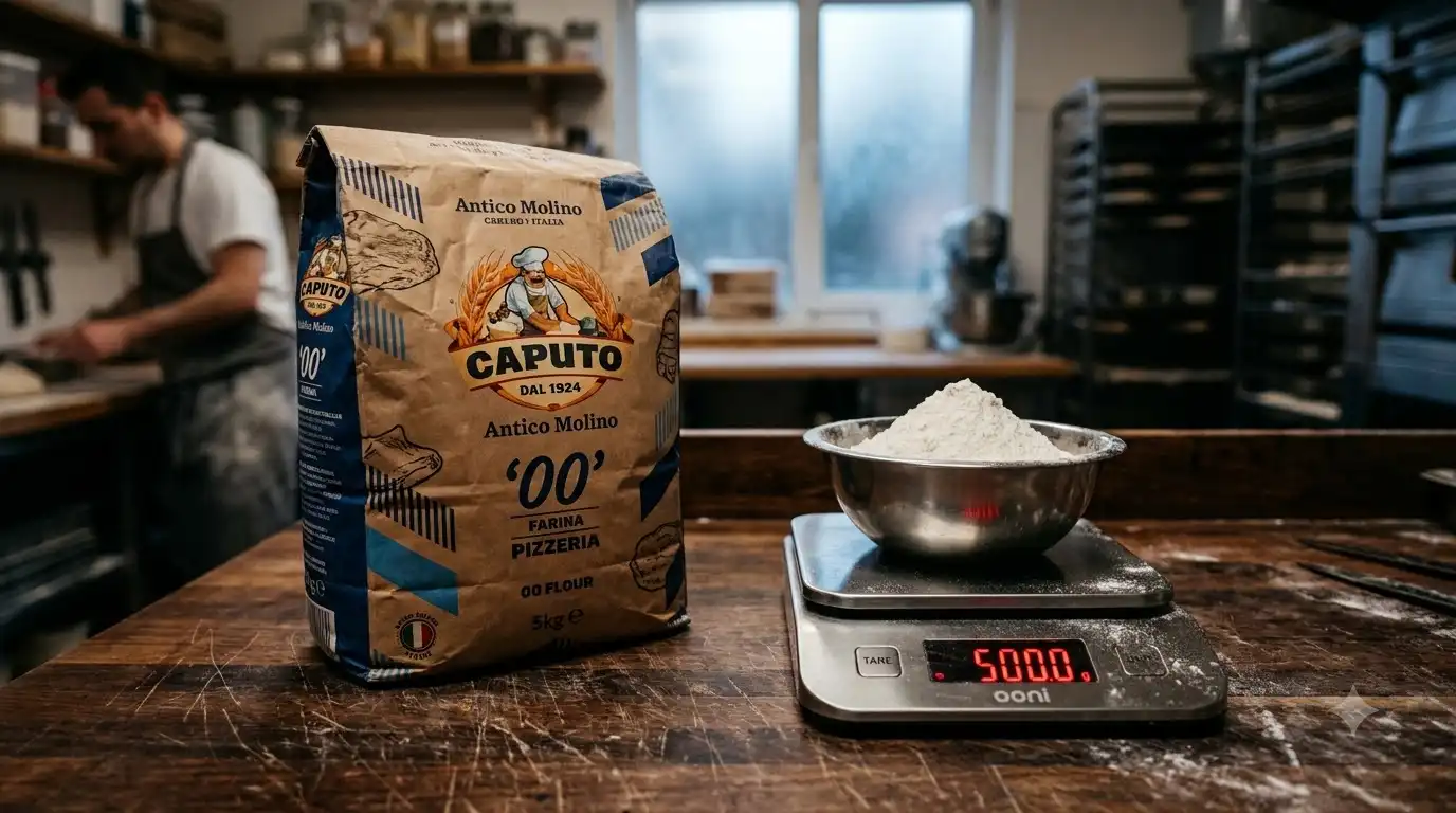 five kilo bag of italian 00 flour next to kitchen scale