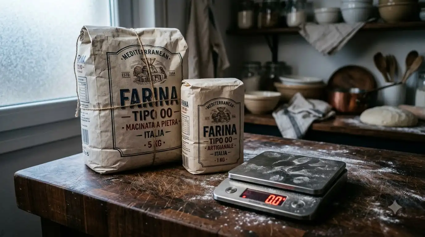 Small and large Italian flour bags compared on a kitchen scale