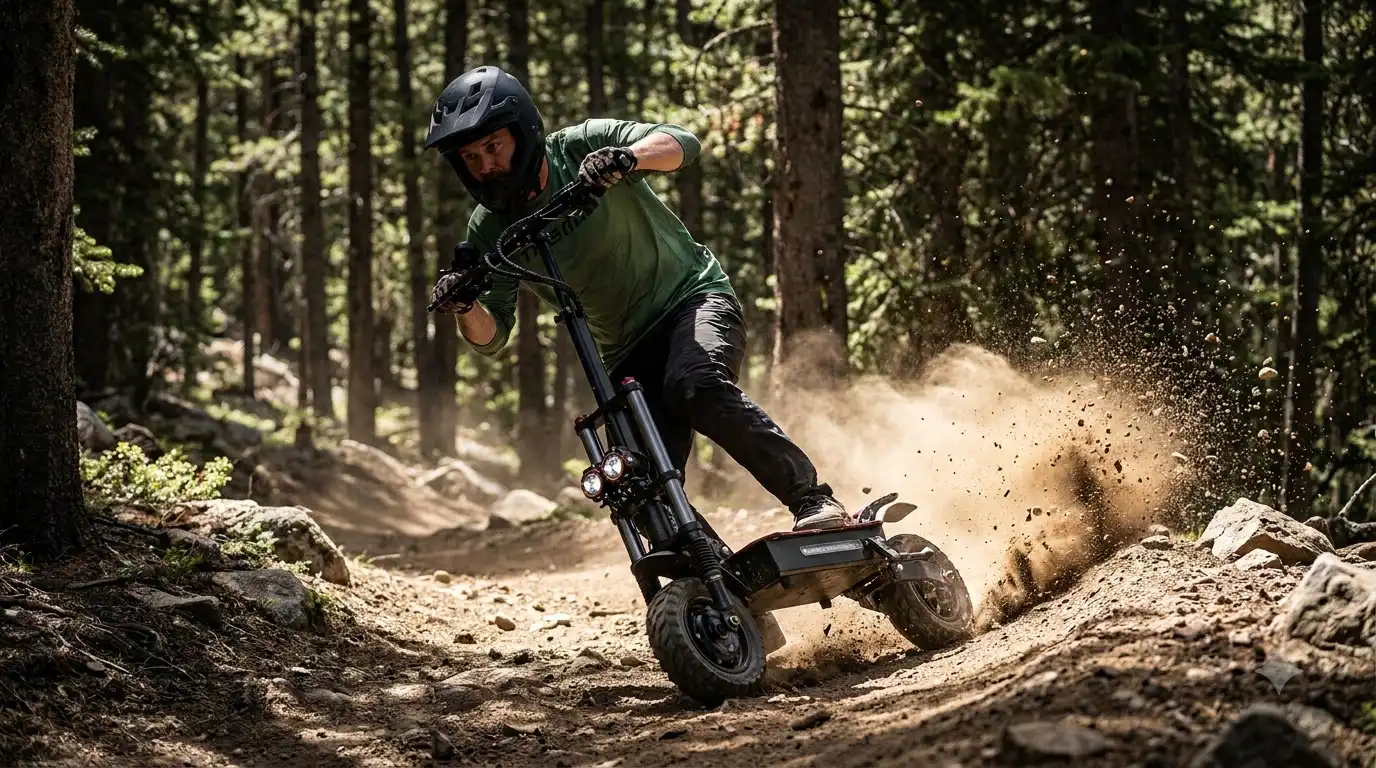 Rider testing a BOYUEDA off-road electric scooter on a trail