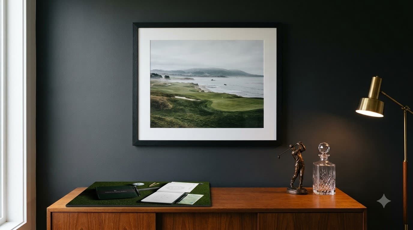 framed golf course print displayed in home office