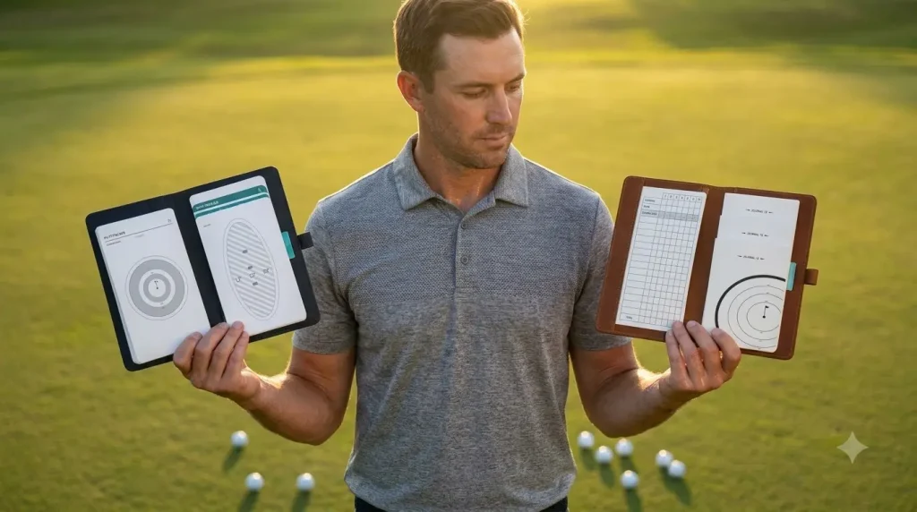 golfer comparing Journal 18 Track Pad Pro and Performance Journal side by side