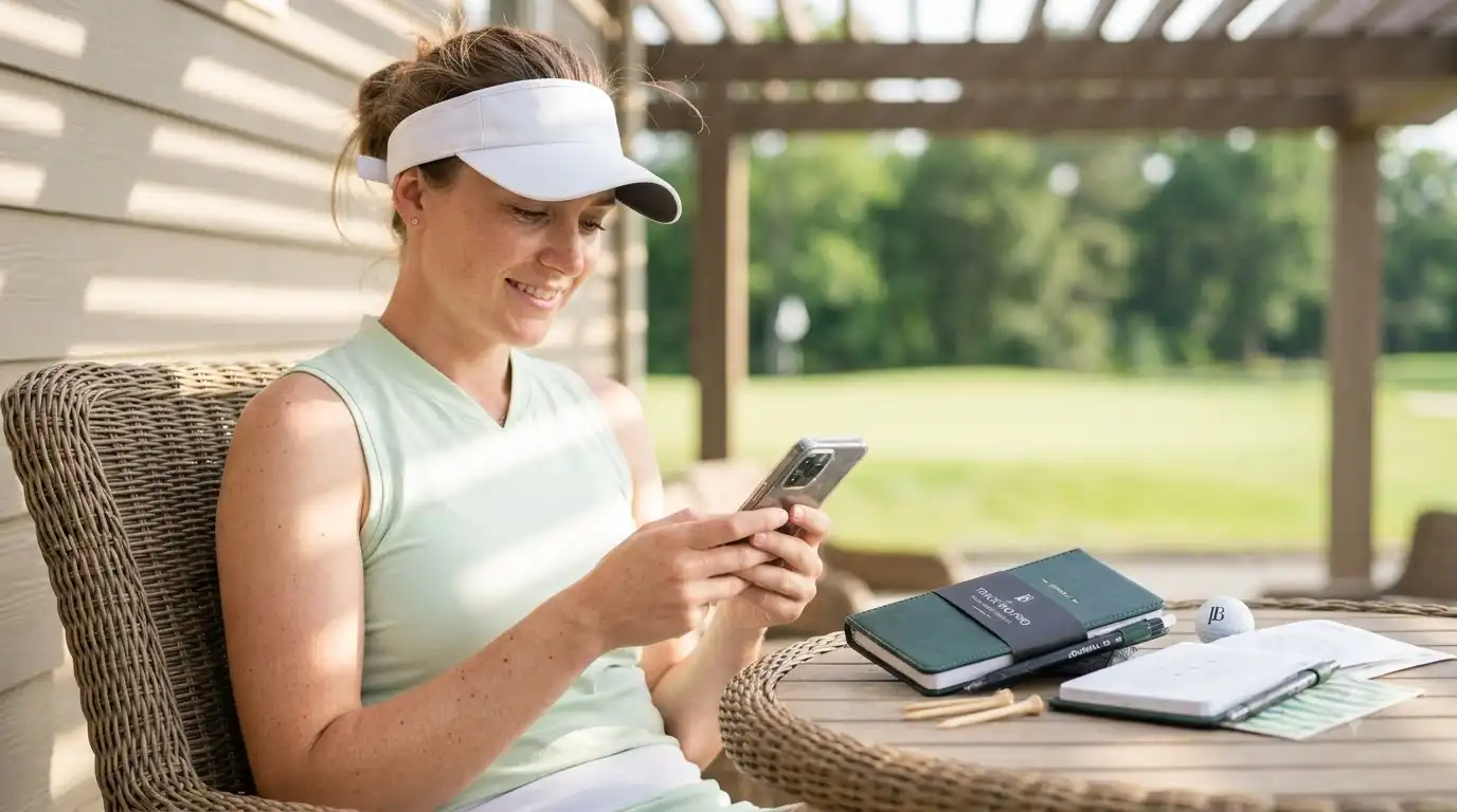 golfer reviewing digital round stats on a phone after golf