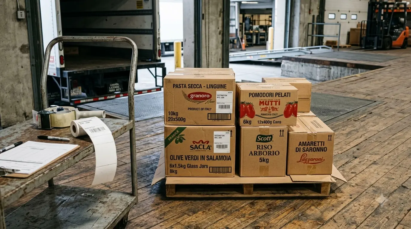 Boxes of imported Italian pantry staples staged for shipping