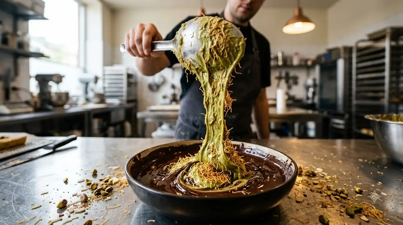 Open tub of Dubai chocolate pistachio kataifi filling showing crunchy strands