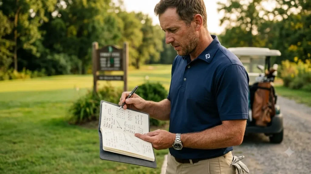 golfer reviewing past round notes in a journal before the next tee time"