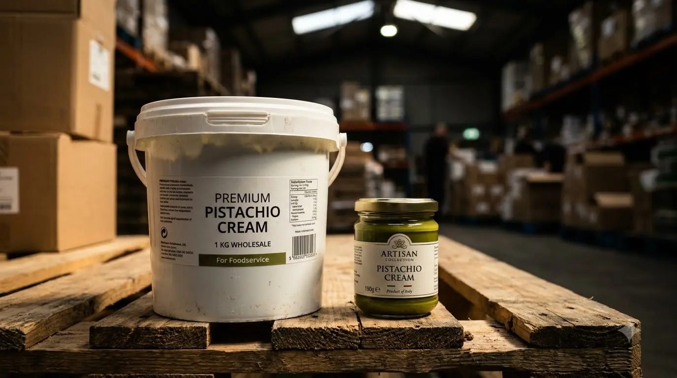 One kilogram tub of pistachio cream next to a small glass jar