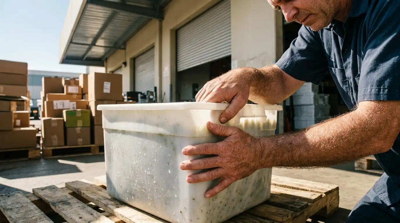 Pistachio filling tub being checked on arrival after warm-weather delivery