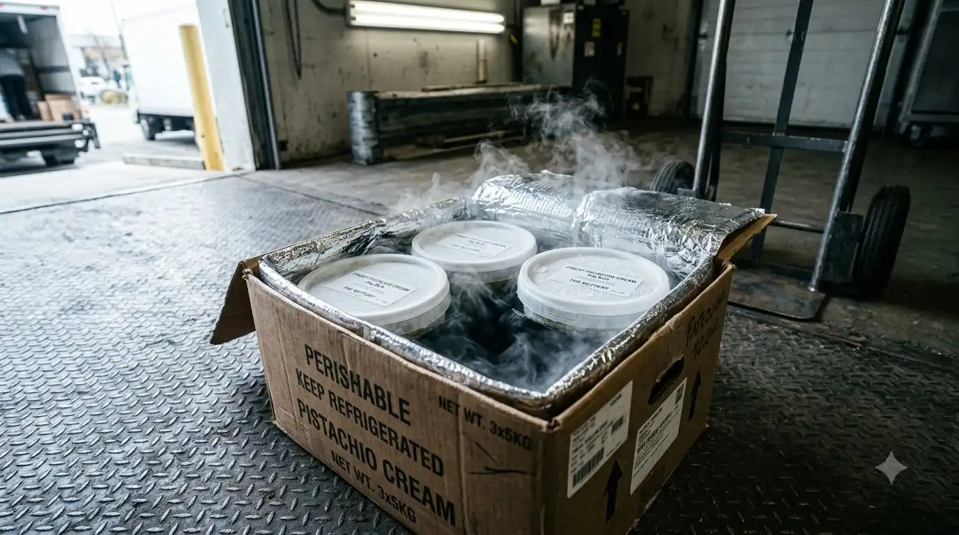 insulated delivery box holding bulk pistachio cream tubs on arrival