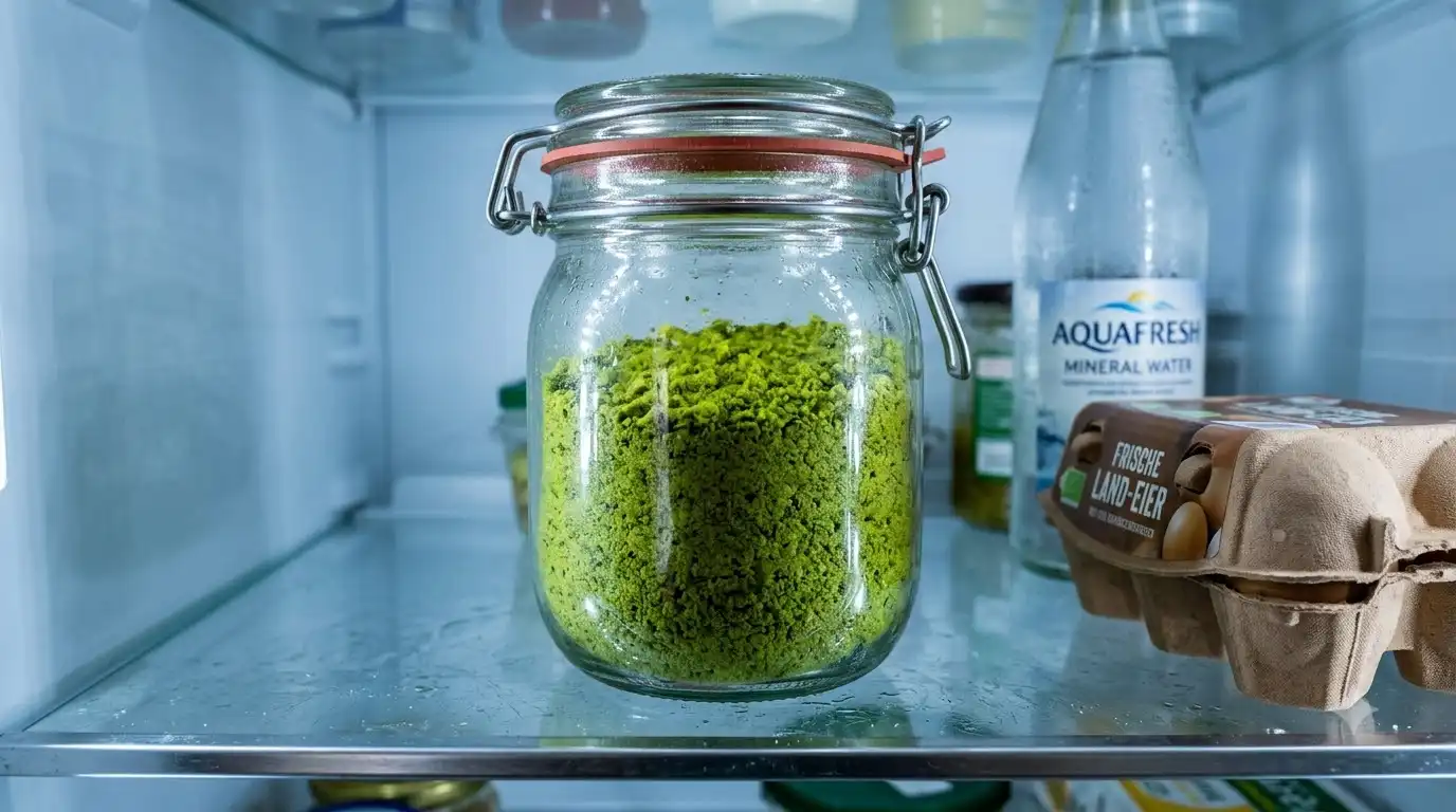 pistachio flour stored in airtight glass jar inside home refrigerator