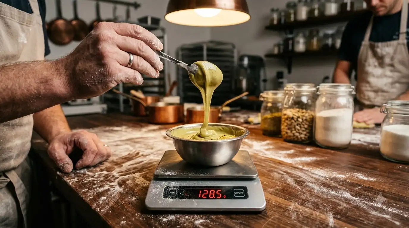 digital kitchen scale weighing pistachio cream portion for pastry filling