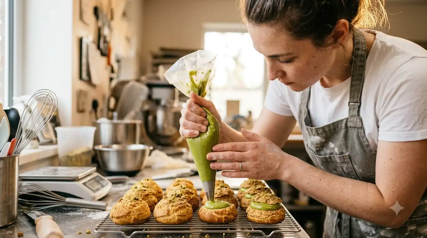 Baker piping pistachio filling into a small test batch of freshly baked pastries