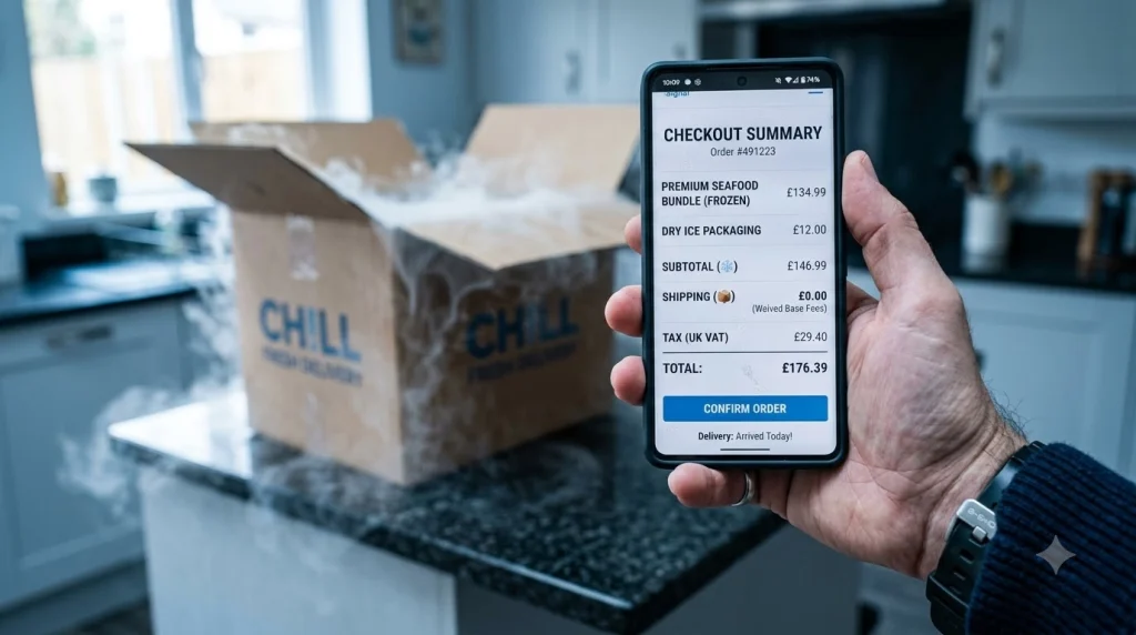 Checkout summary showing free base shipping and a frozen item surcharge