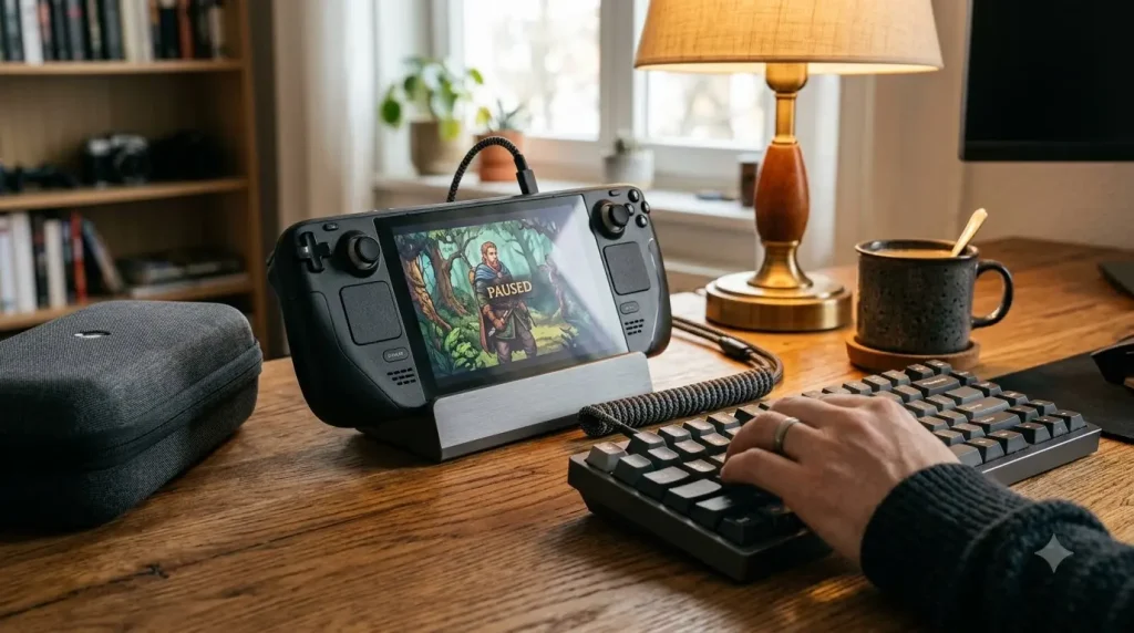 JSAUX docking station and case for Steam Deck on a desk setup