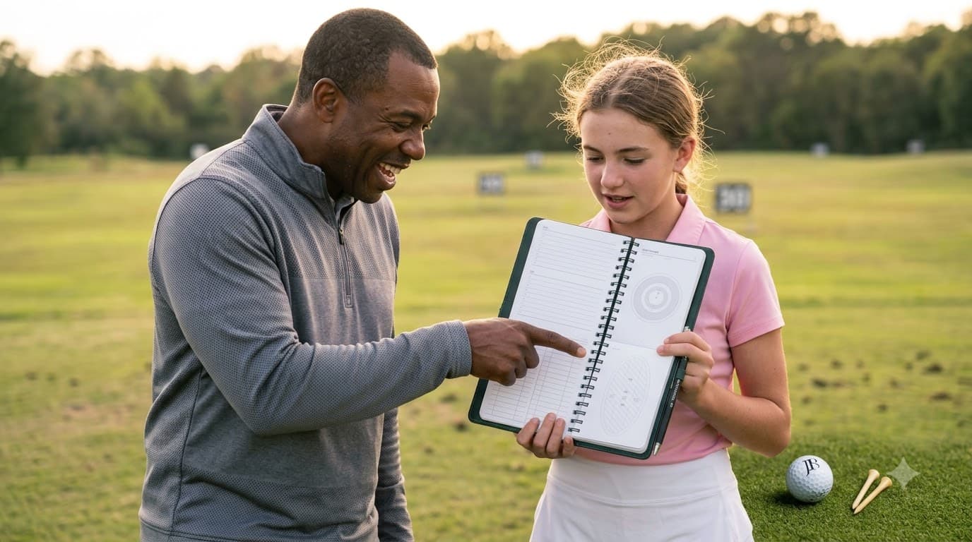 A junior golfer and their coach reviewing a golf journal together on the practice range, tied to Journal18's partner discount program