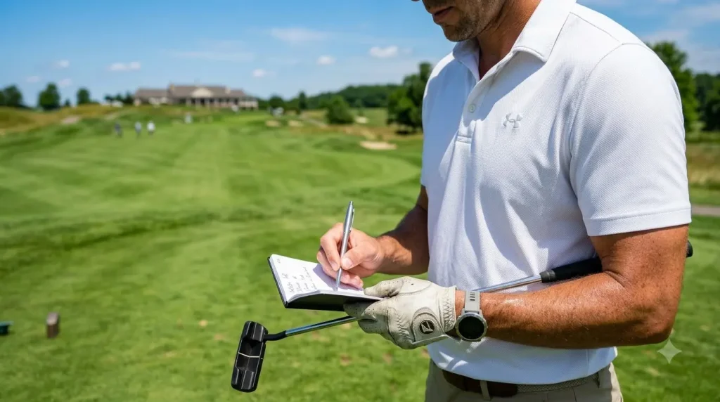 golfer reviewing completed golf journal pages after a round