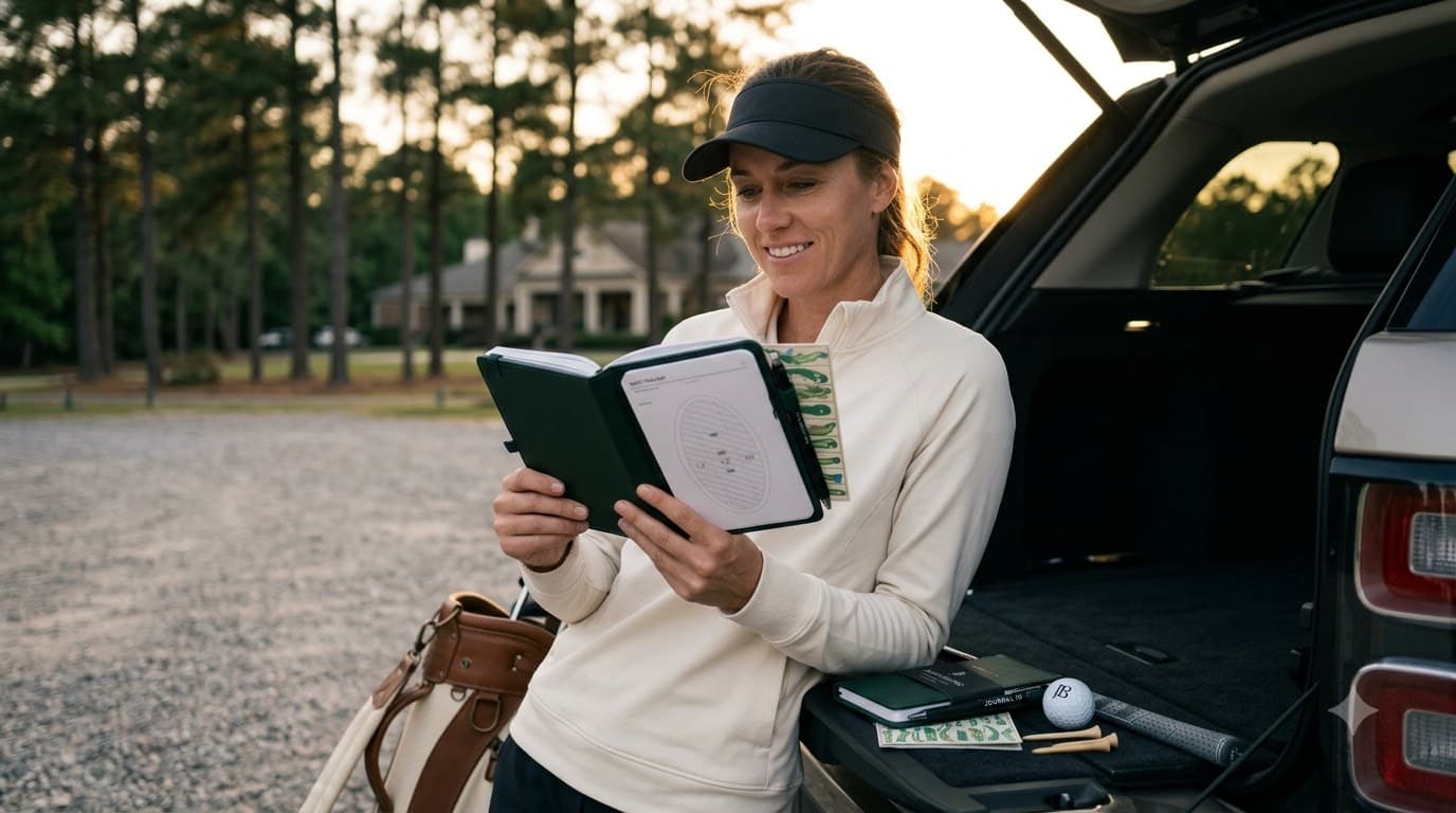 golfer reviewing completed round page in golf journal after finishing round
