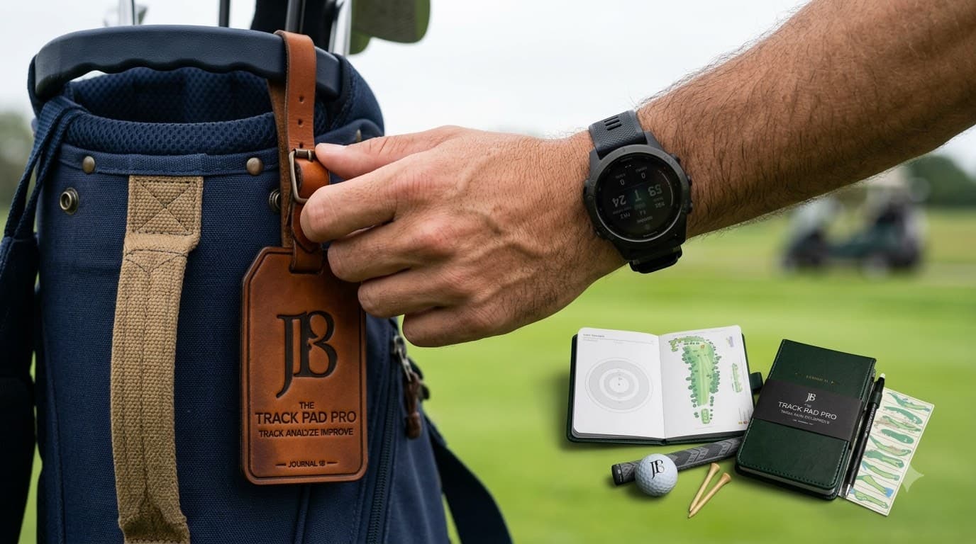 engraved leather golf bag tag and GPS golf watch