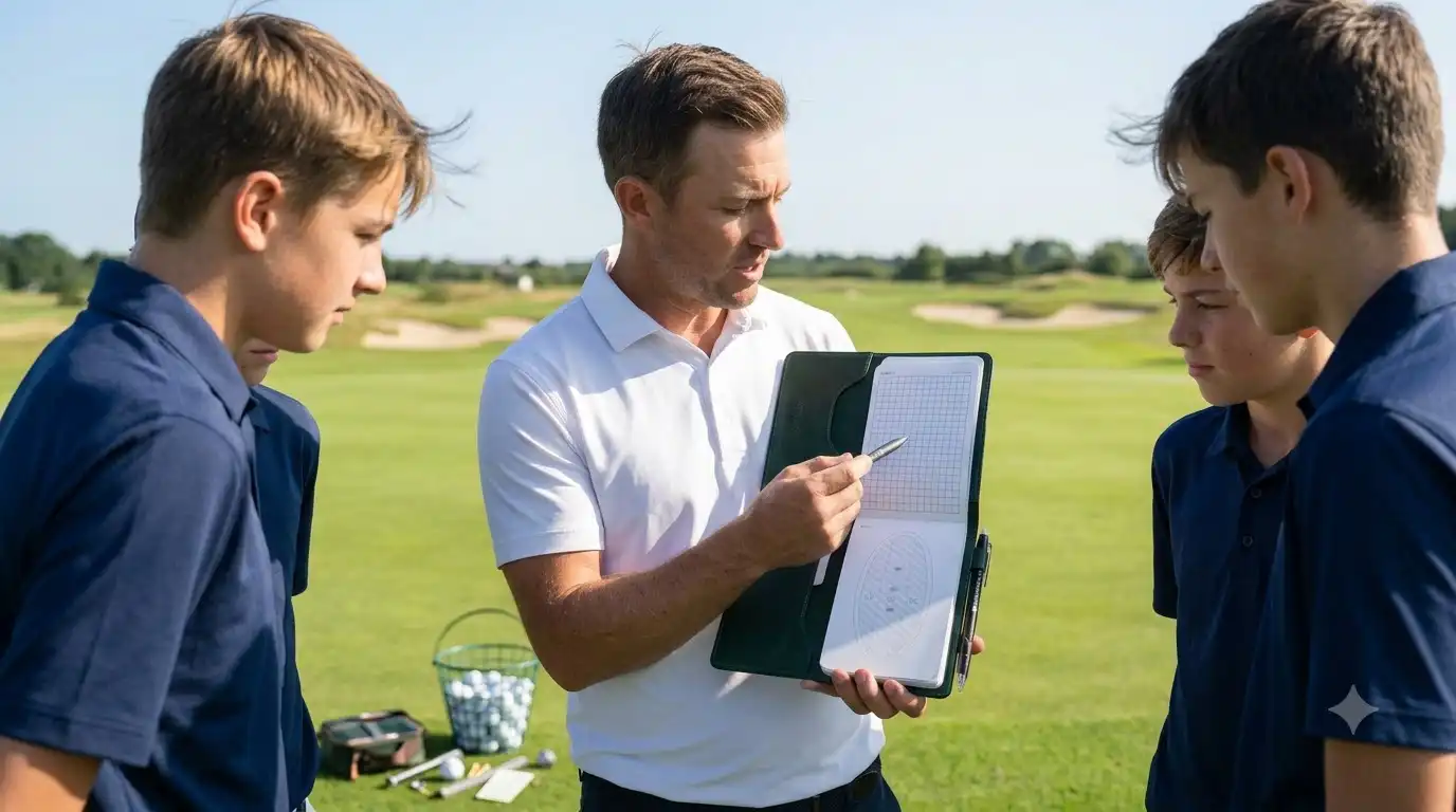 golf coach reviewing a Journal18 performance journal with a junior team