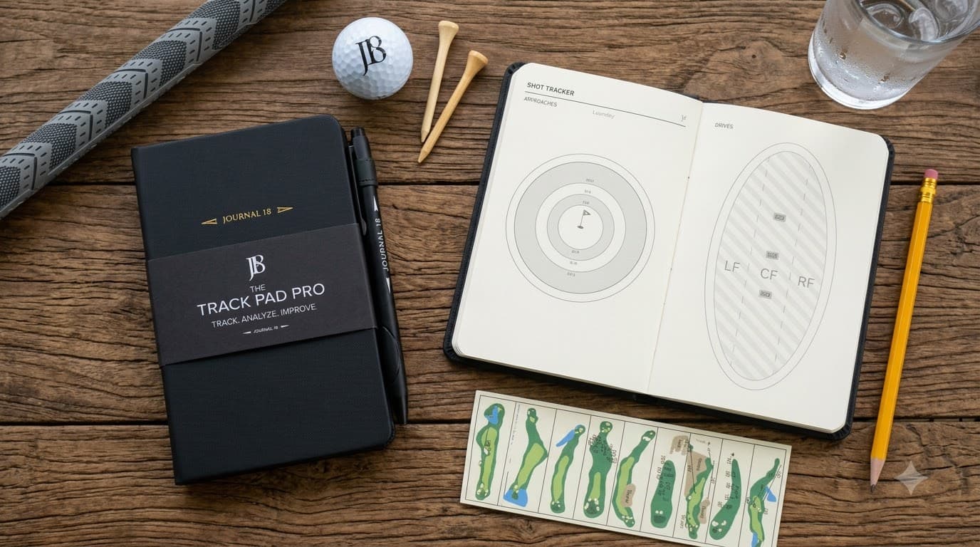 reusable golf tracking pad next to a pencil and scorecard
