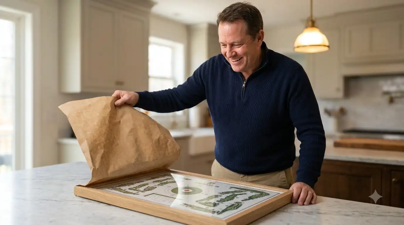 Golfer unwrapping a framed golf course print as a personalized gift