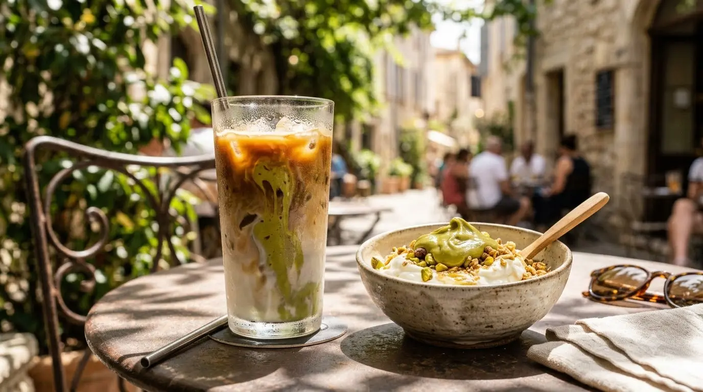 pistachio cream swirled into an iced latte and yogurt bowl