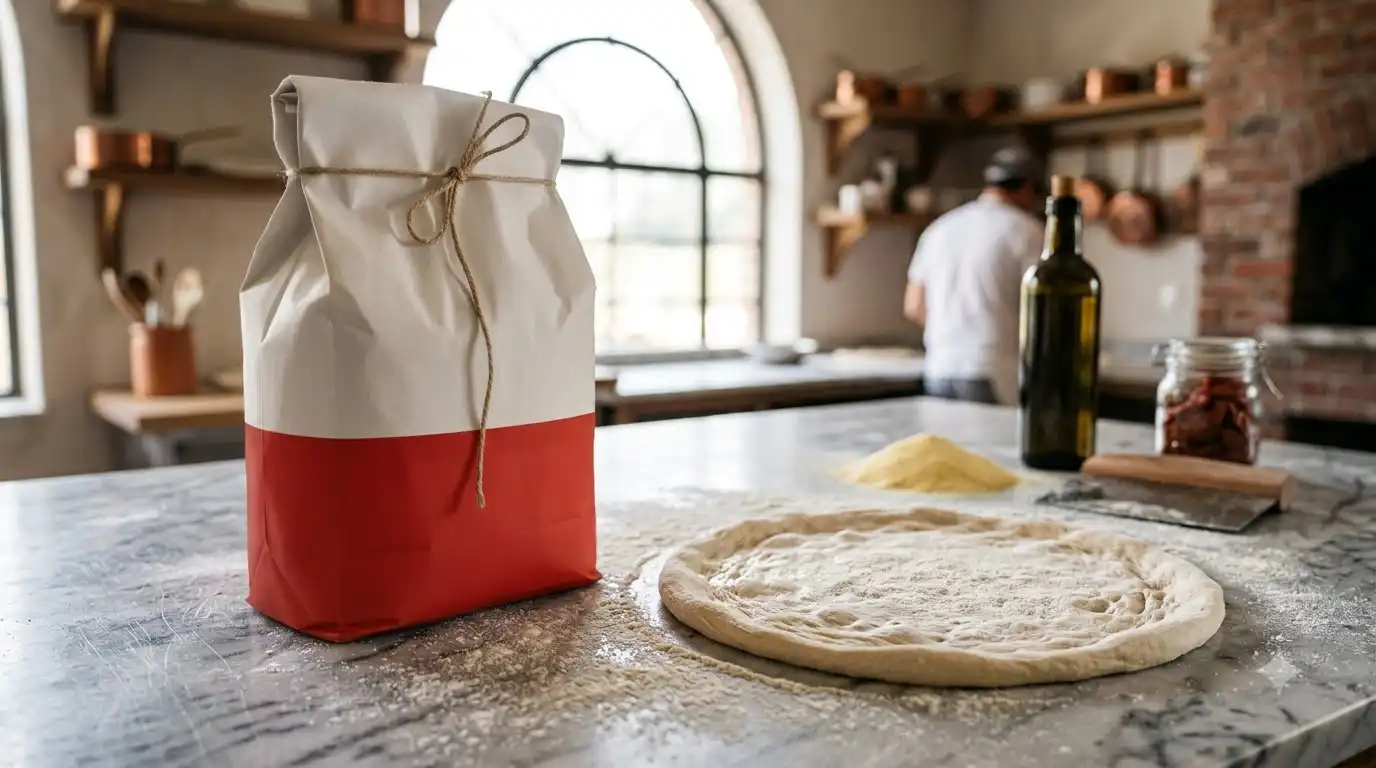 Bag of Polselli 00 flour Classica beside a freshly stretched pizza base