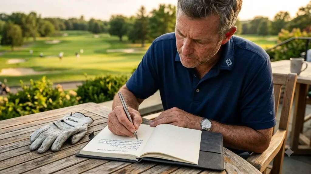 golfer filling out a golf post-round reflection journal after finishing a round
