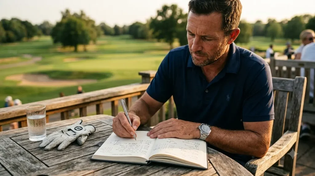 golfer writing in a golf journal for lowering scores after finishing a round