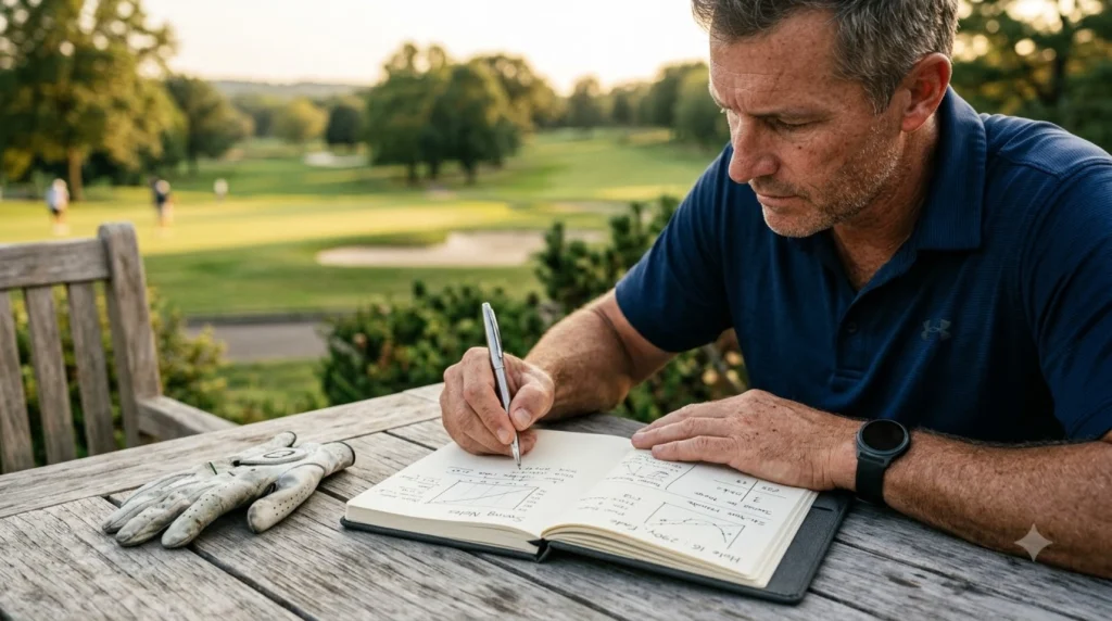Golfer reviewing a Journal18 practice log before a range session